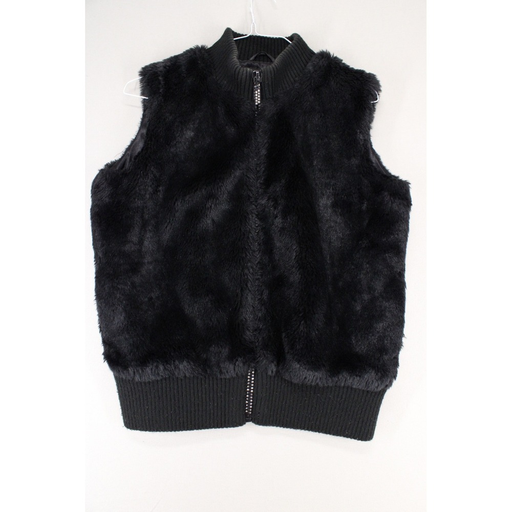 Powder River Outfitters Faux Fur Vest Womens L Black Zip Rhinestone Western Luxe